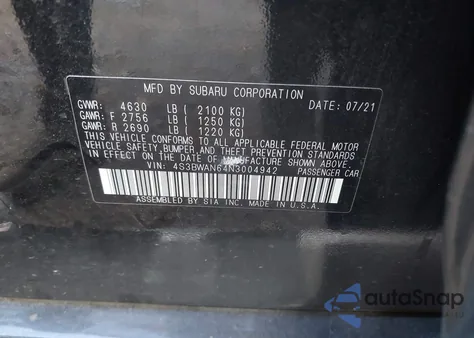 2022 Subaru Legacy Limited z USA, uszkodzony, nr VIN 4S3BWAN64N3004942